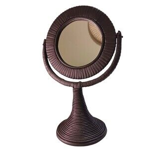Vintage MCM Brown Wicker Rattan & Wood Round Vanity Mirror Table Top Rustic Boho